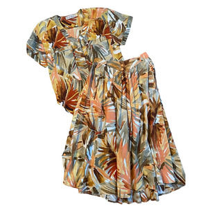 RARE Vintage 80s Escada Tropical Silk Button Down Shirt + Skirt Set Size 36